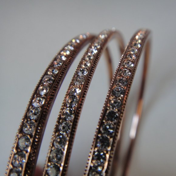N Jewelry - Pave Rhinestone Set 3 Thin Bangle Bracelets Copper